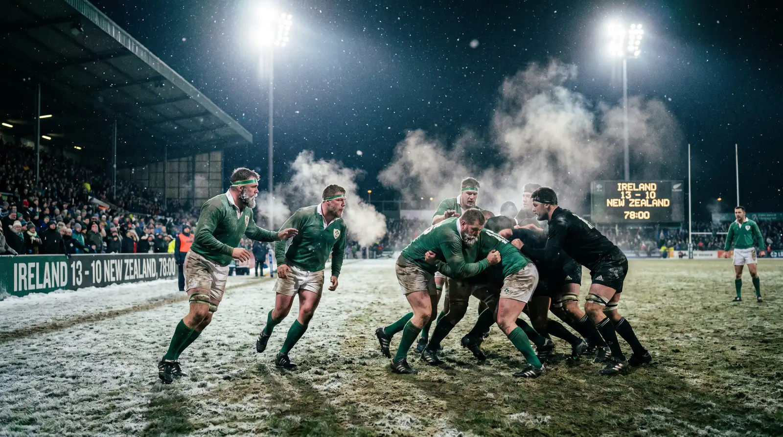 Rugby players' breath visible in cold air during a winter November Test match