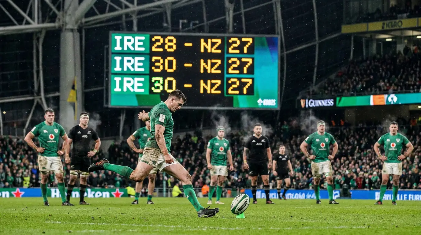 Rugby match sequence showing regular scoring events with the scoreboard updating
