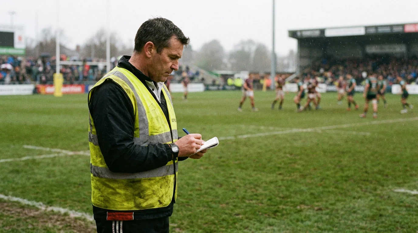 Rugby match official tracking penalty counts on a notepad during a game