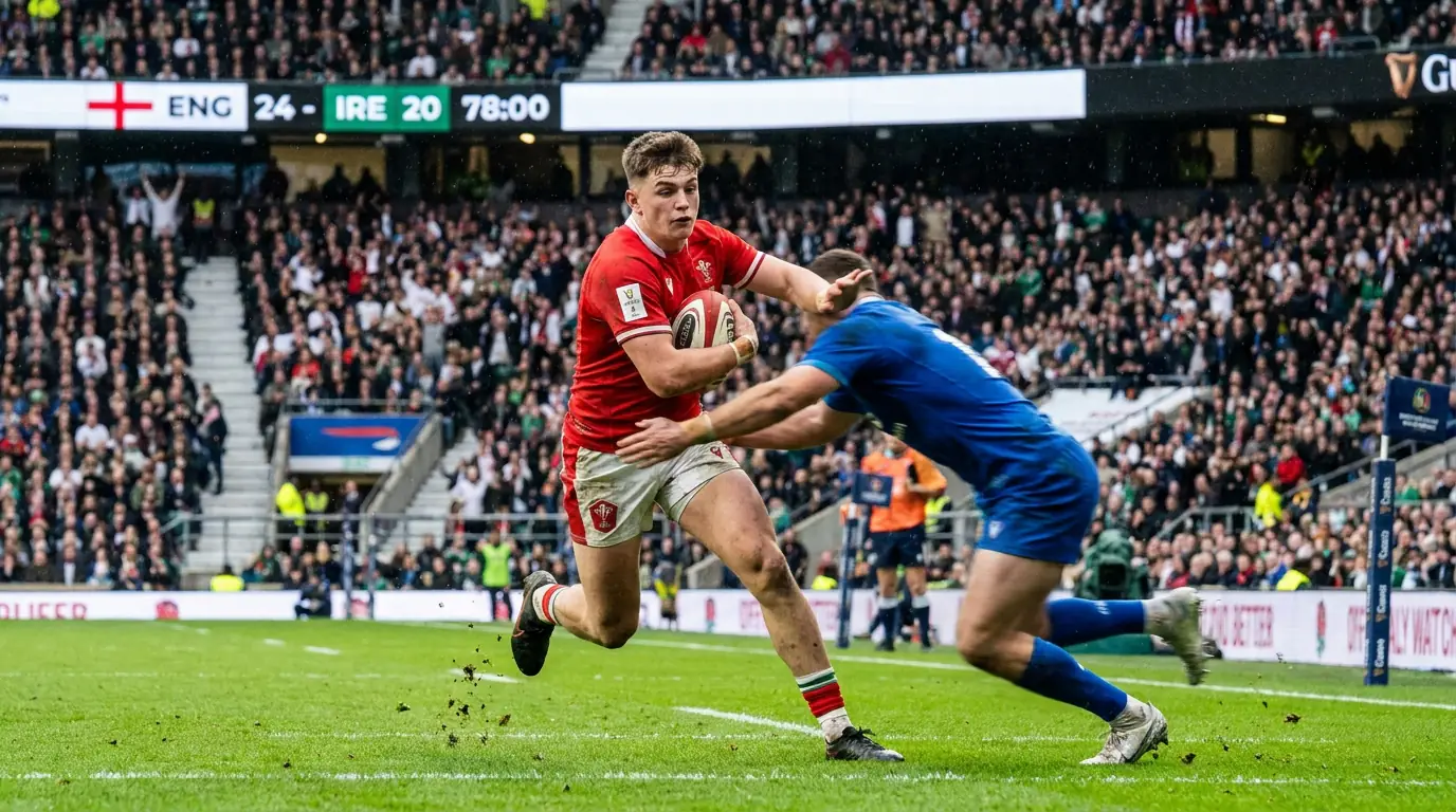 Young rugby player breaking through a tackle during a Six Nations match
