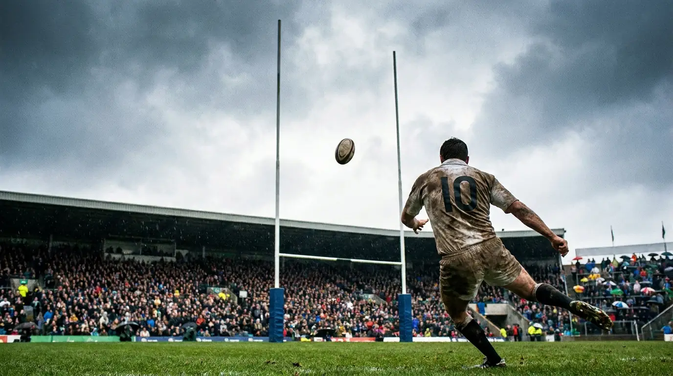 Rugby penalty kick sailing between the posts for three points