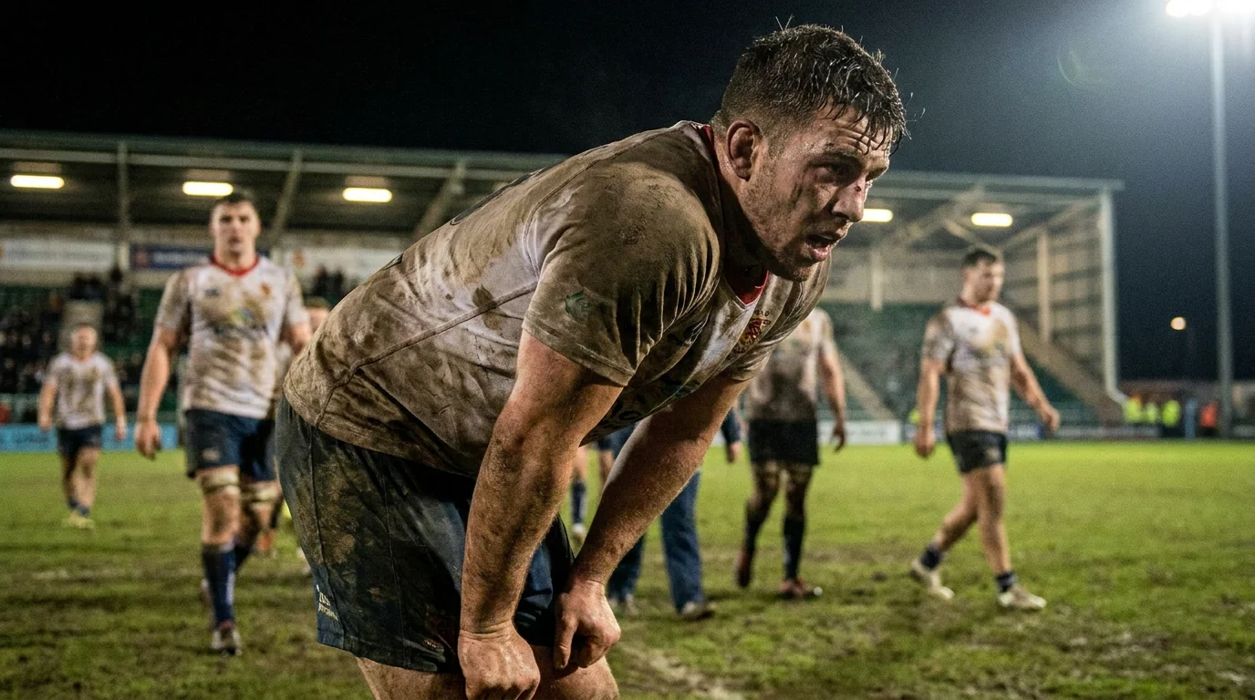Tired rugby player resting hands on knees during a congested fixture period