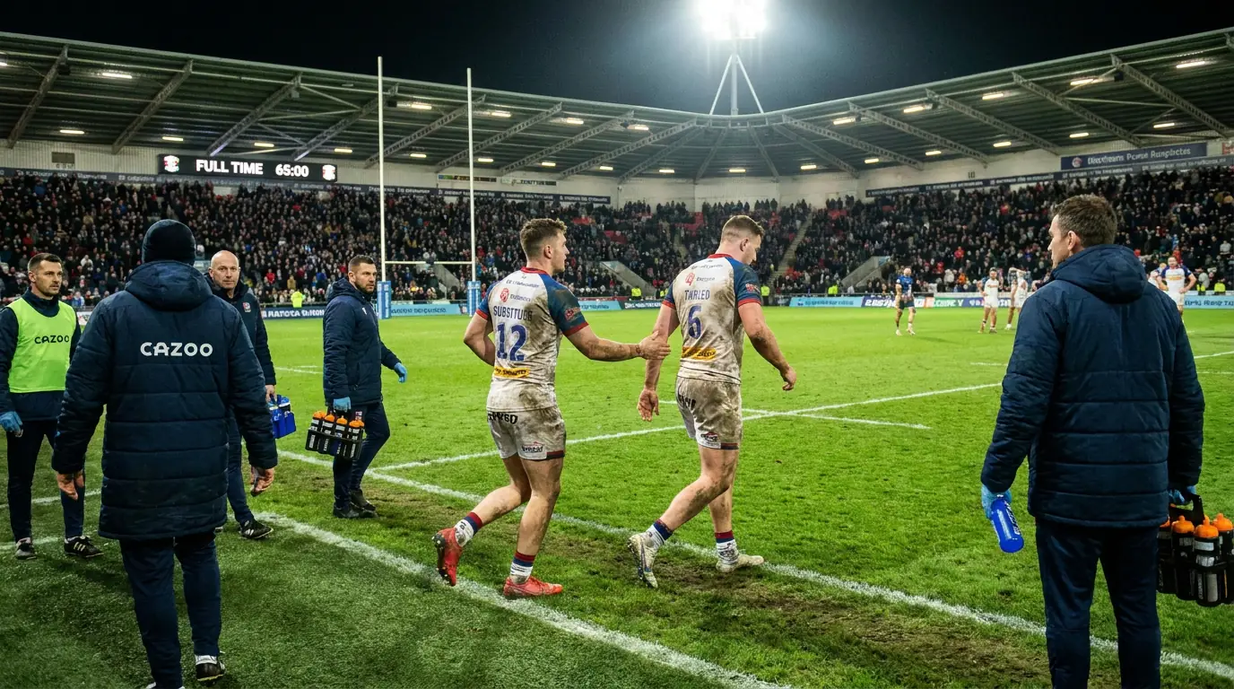 Fresh rugby substitutes jogging onto the pitch during a second-half replacement