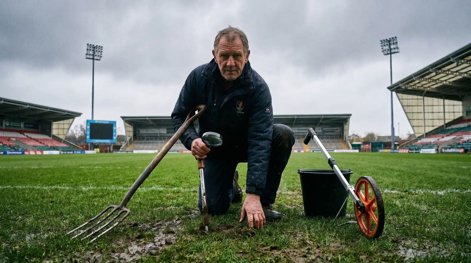 Groundsman inspecting a rugby pitch surface before a match with equipment nearby