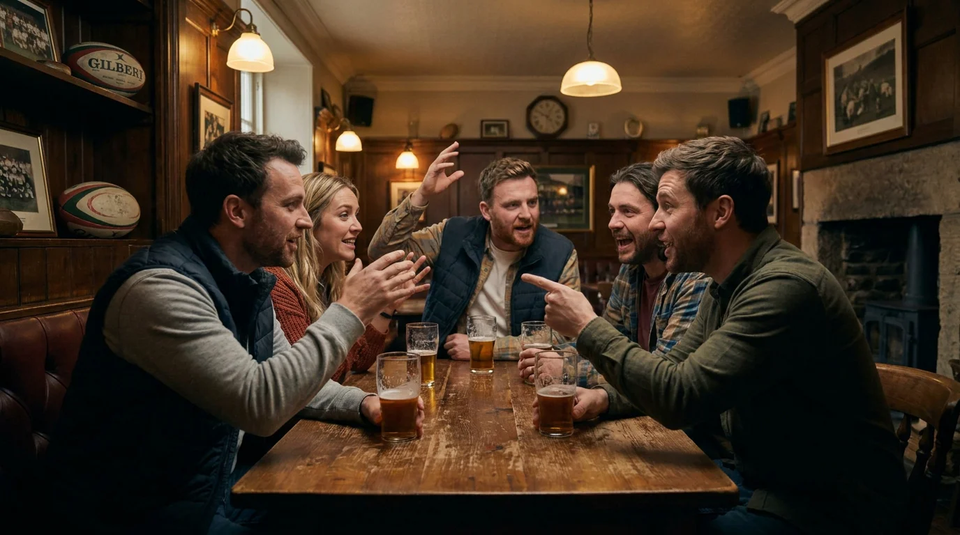 Group of friends in a pub debating a rugby bet without looking at any statistics