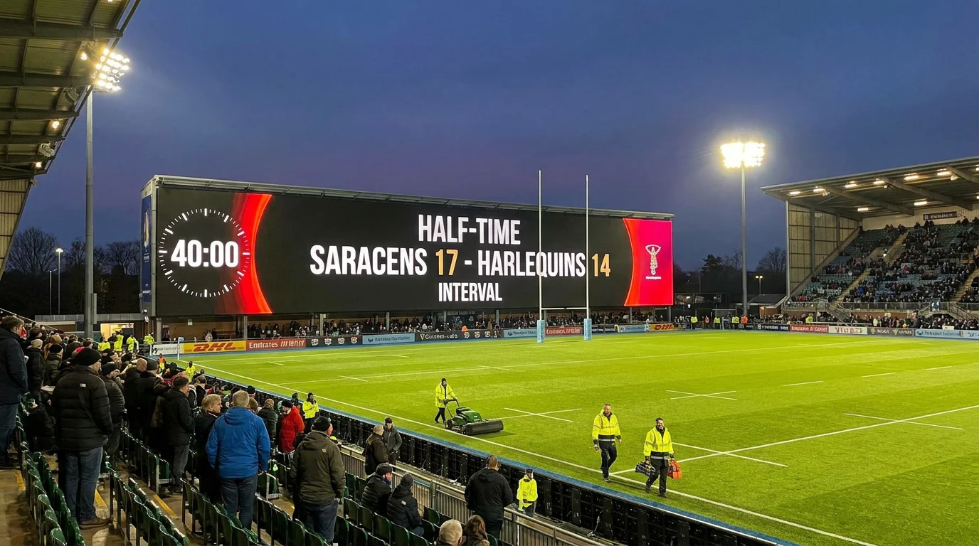 Rugby stadium scoreboard showing the half-time score during an interval break