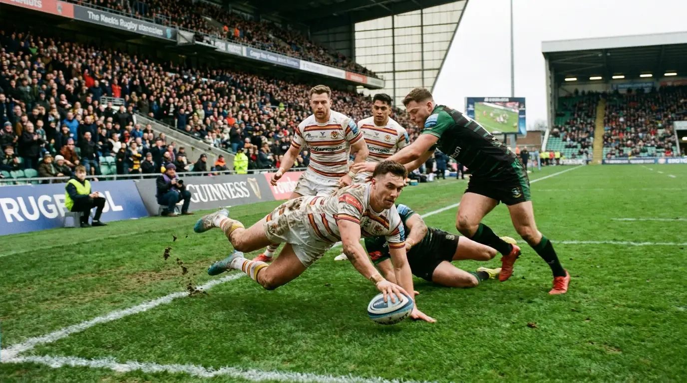 Open-play rugby try scored with multiple players involved in a flowing attacking move