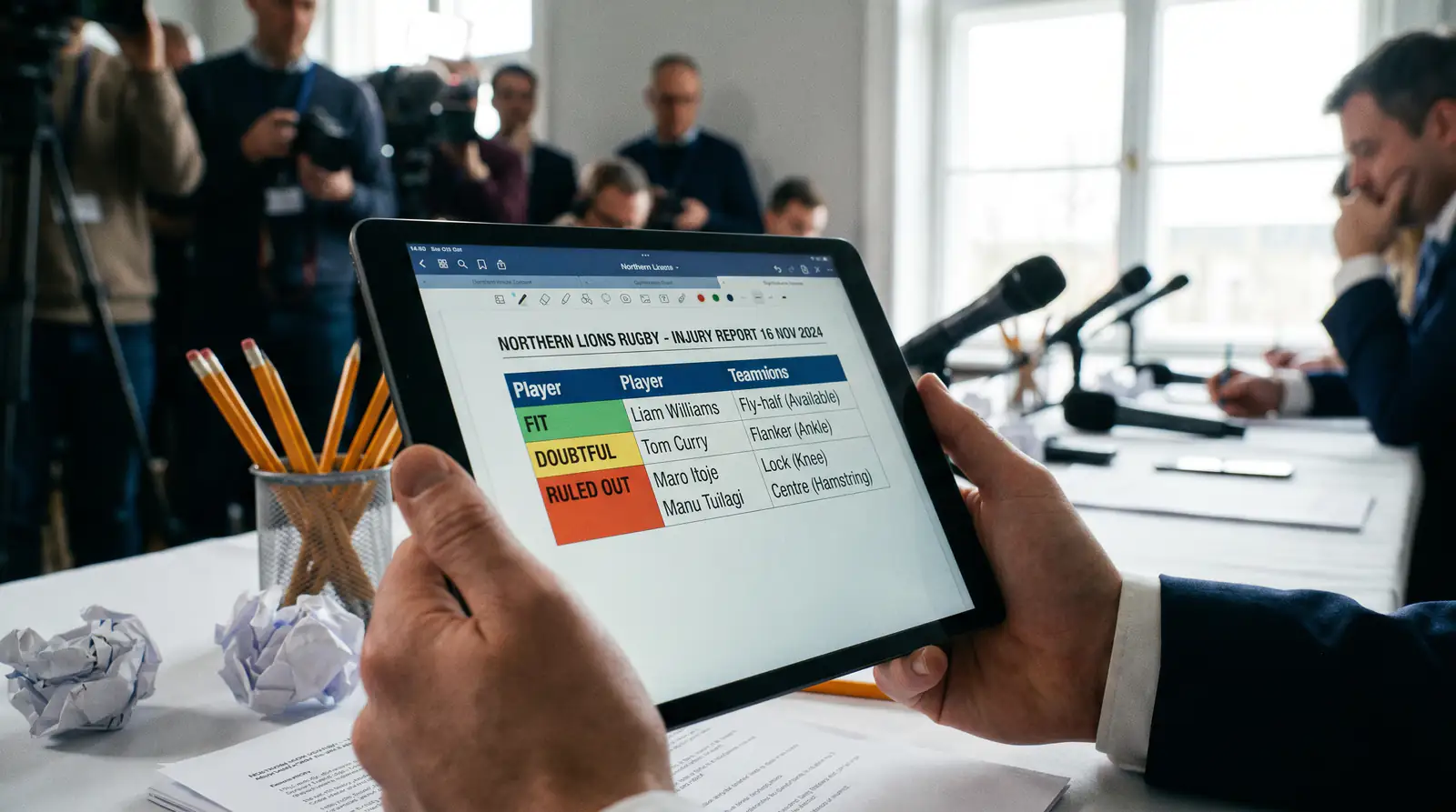 Rugby team injury report displayed on a tablet with player status updates
