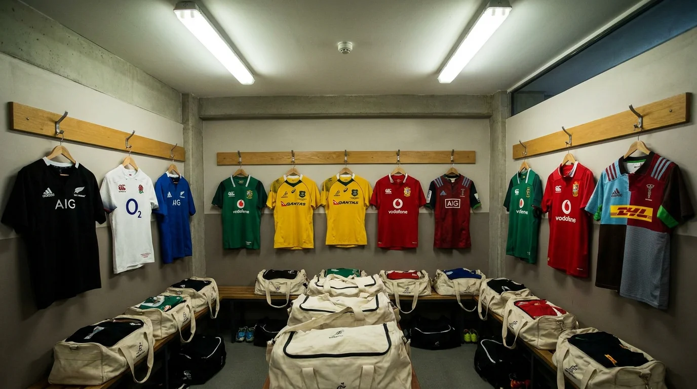 Professional rugby jerseys hanging in a changing room with sponsor logos visible