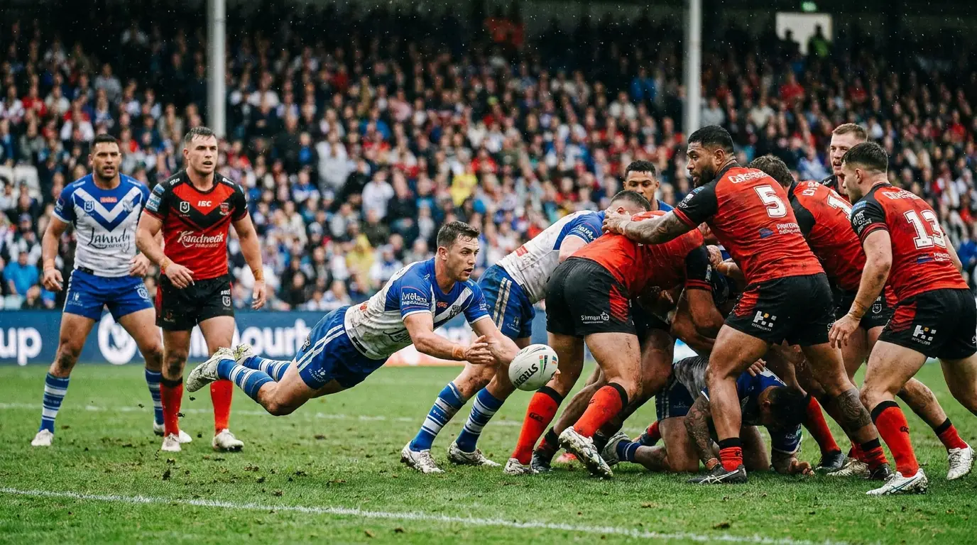 Rugby league players during a structured six-tackle possession set