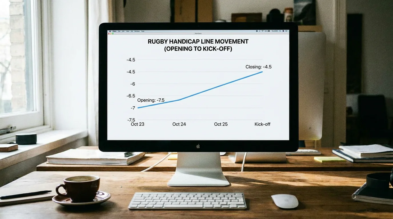 Simple graph on a screen showing rugby handicap line movement from opening to kick-off