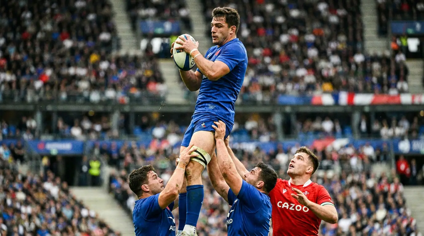 Clean lineout win with the jumper catching the ball at the peak of the lift