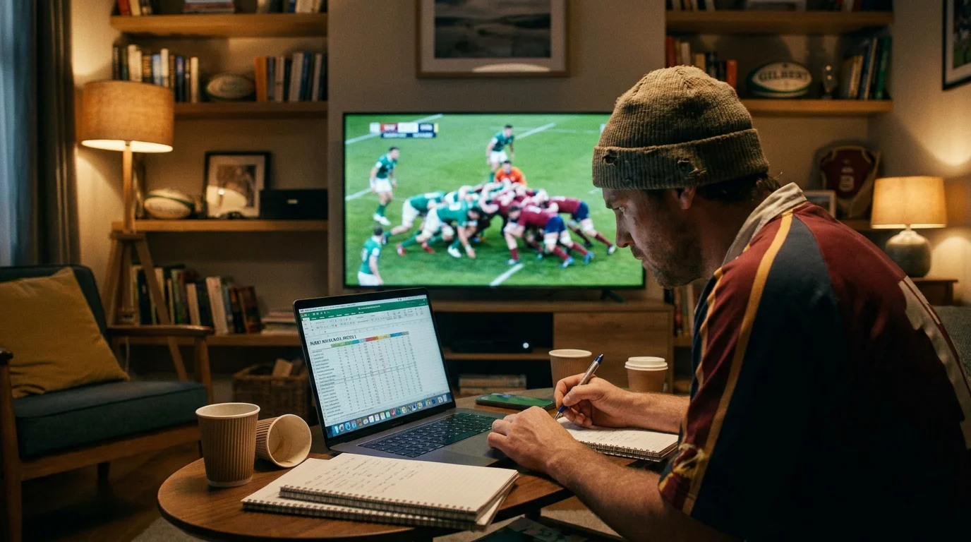 Person manually logging rugby match data into a spreadsheet during a live game