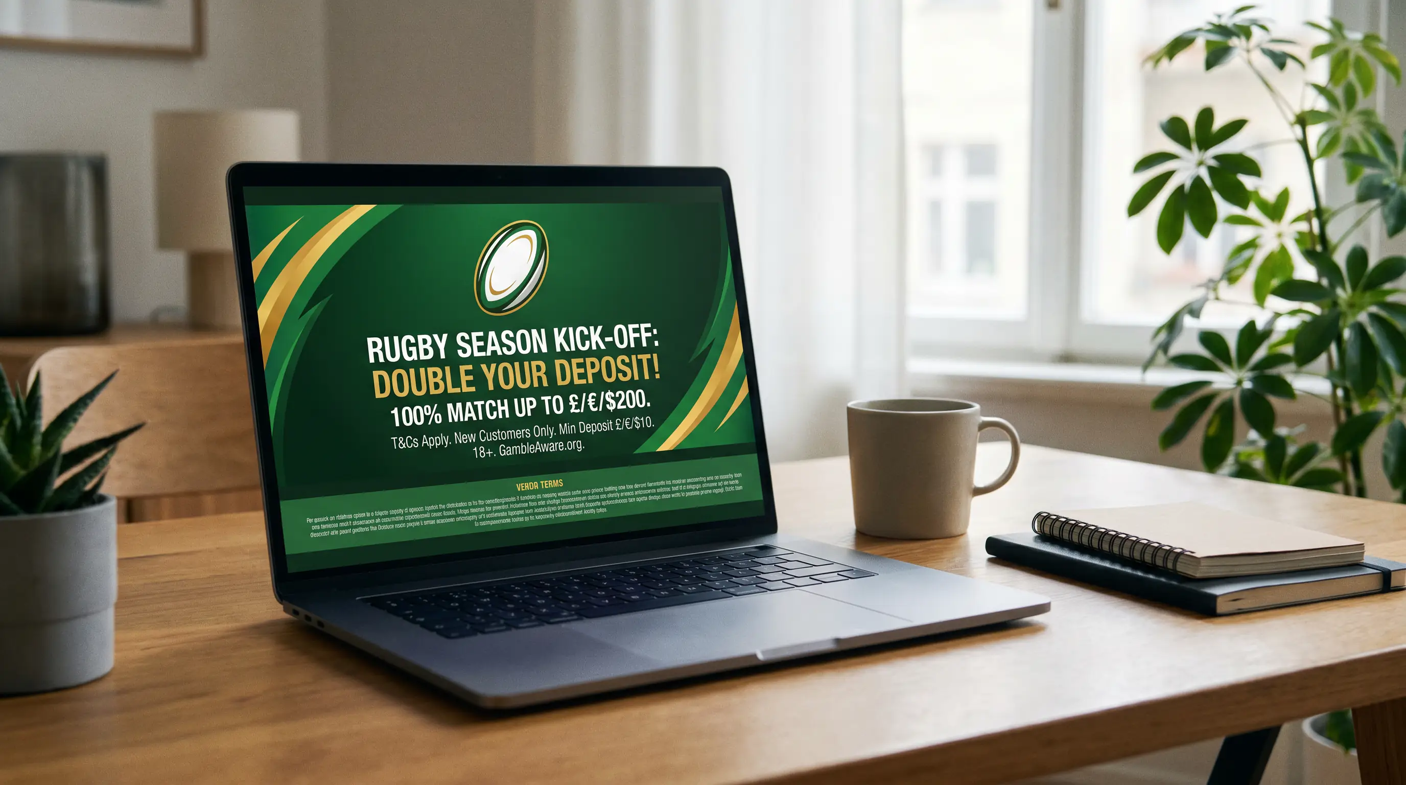 Laptop screen showing a rugby betting promotion with matched deposit offer details