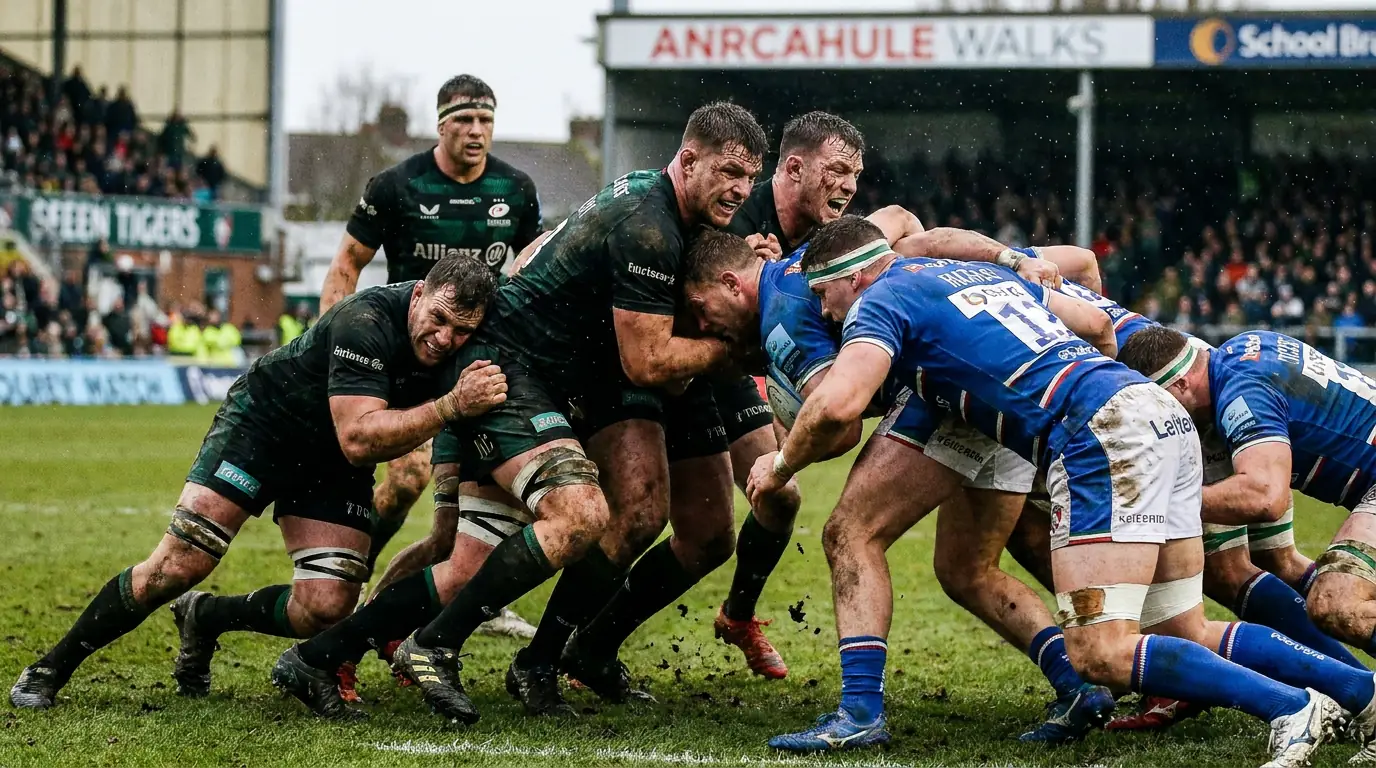 Dominant rugby scrum pushing forward during a one-sided Premiership match