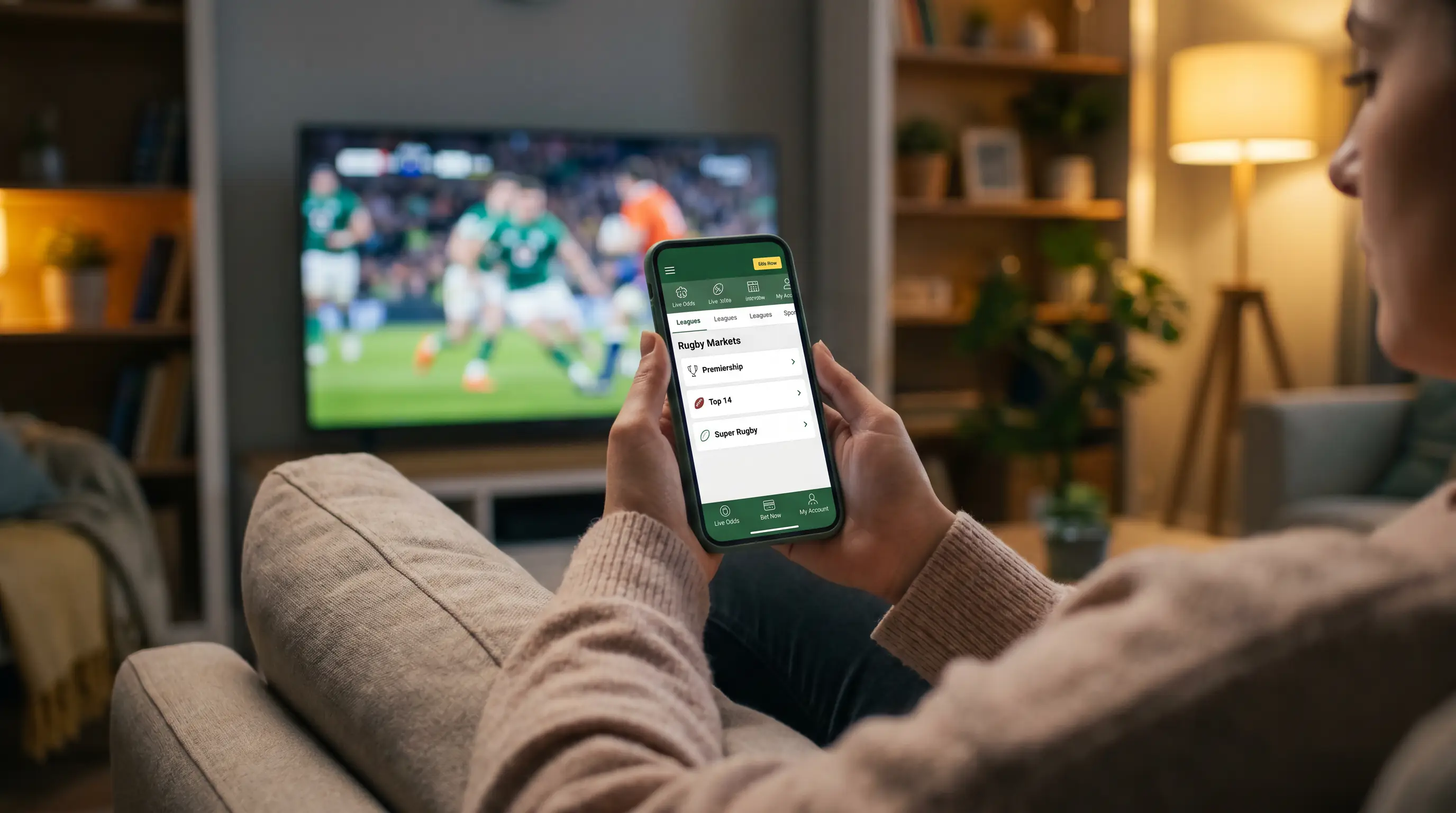 Mobile rugby betting app showing quick navigation to rugby markets and bet placement