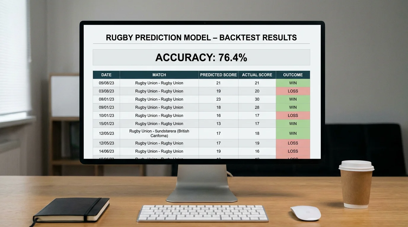 Screen showing backtest results of a rugby prediction model with accuracy percentages