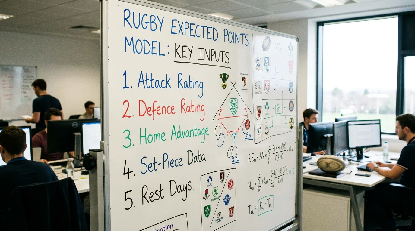 Whiteboard listing the five key input variables for a rugby expected points model