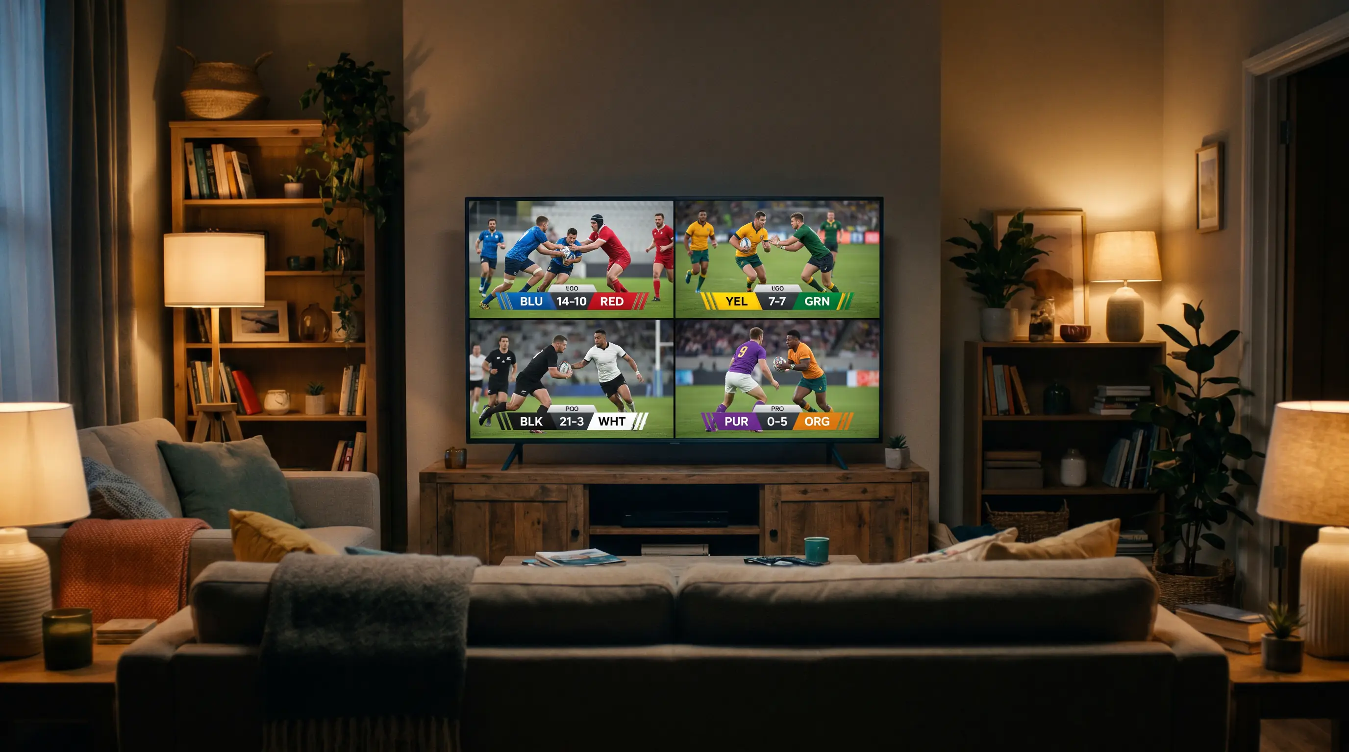 Multiple rugby matches displayed on a split-screen television for accumulator tracking