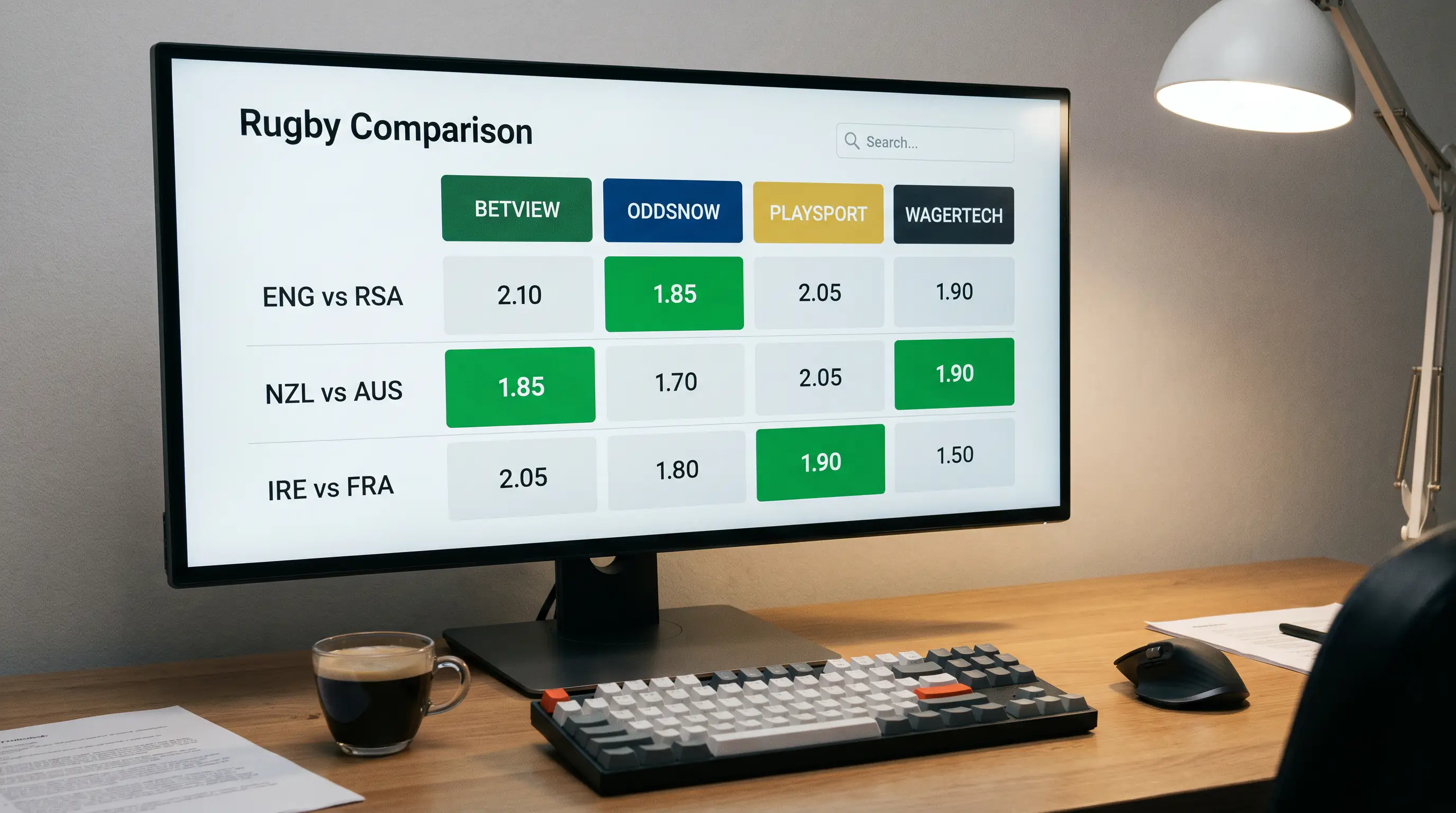 Computer screen comparing rugby odds across multiple bookmakers side by side