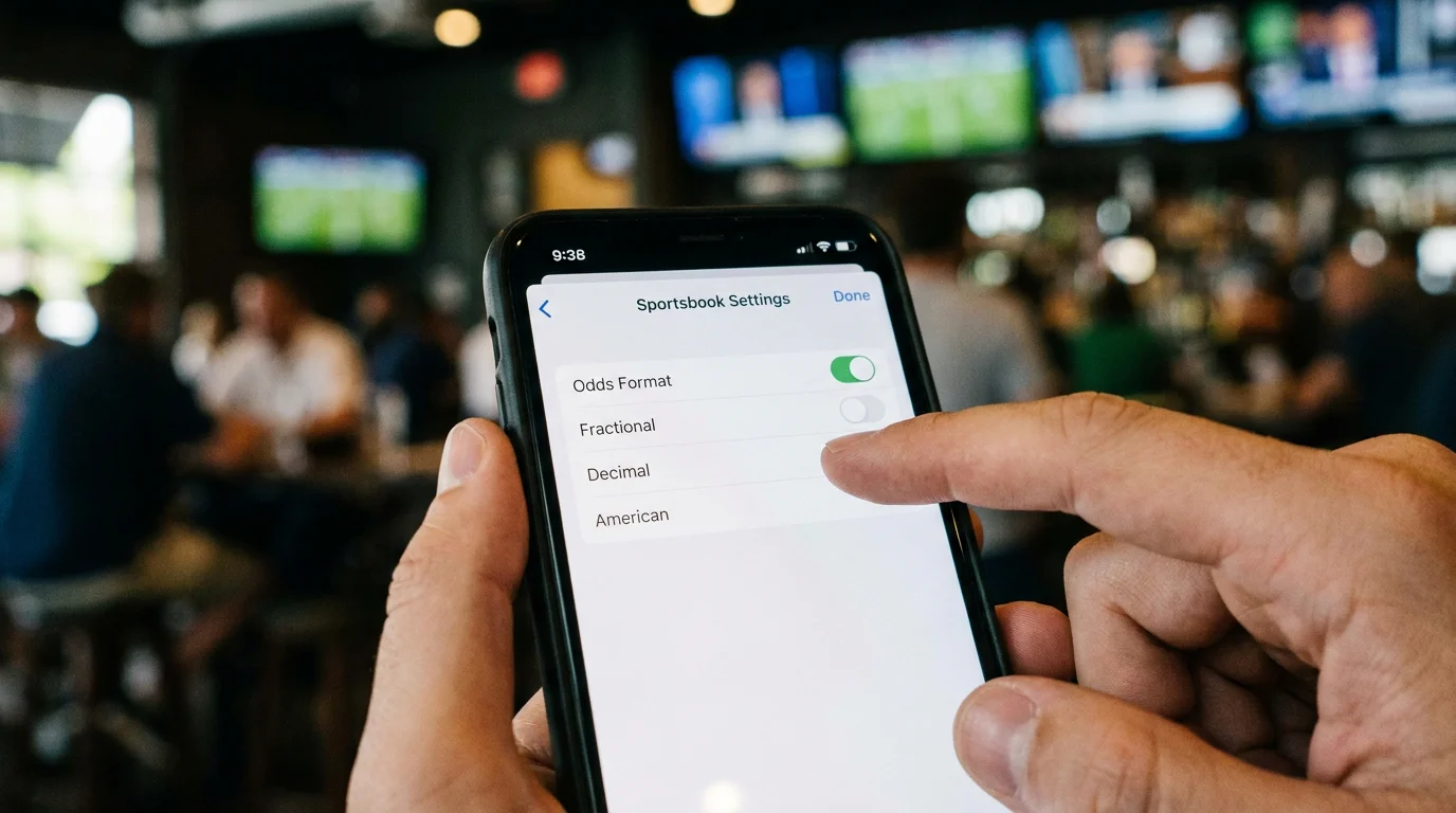 Sportsbook settings screen showing the odds format toggle between fractional and decimal