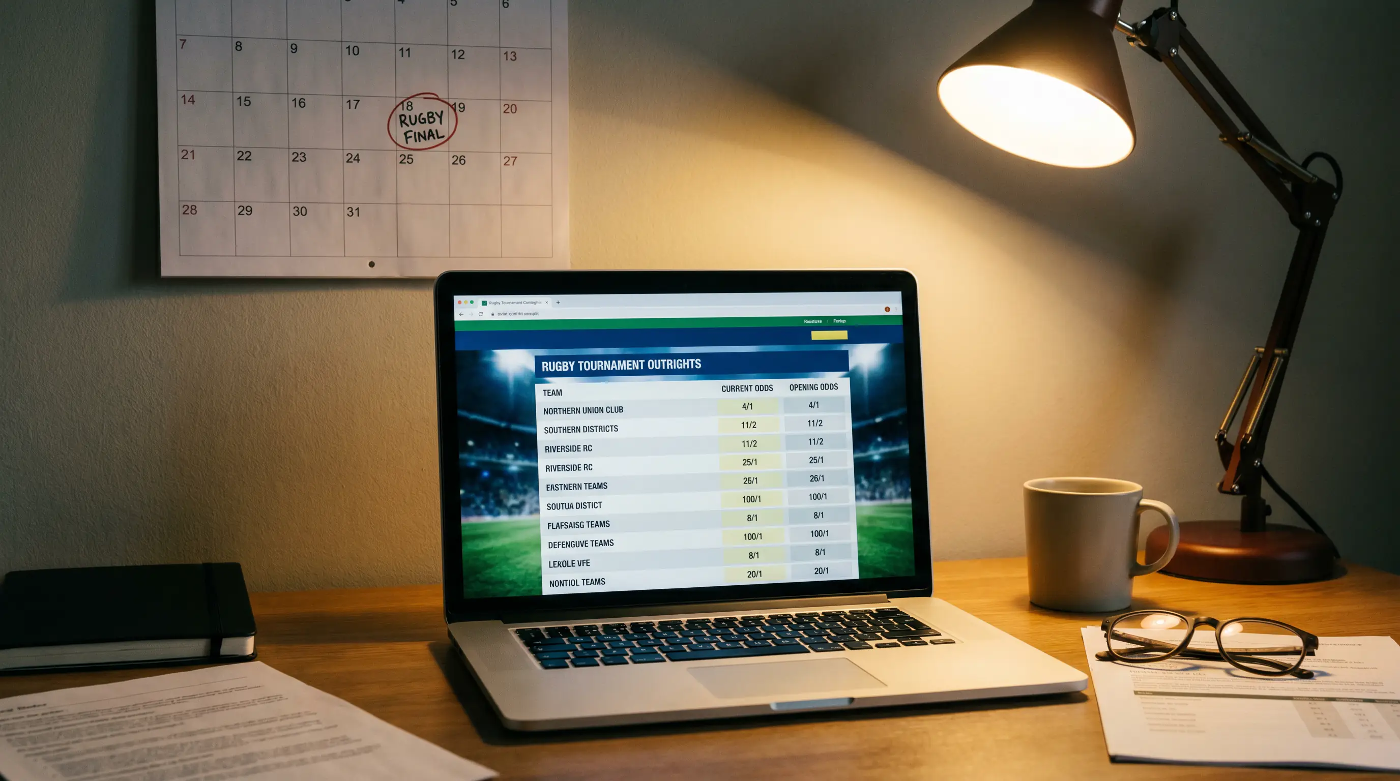 Laptop showing early outright market prices for an upcoming rugby tournament
