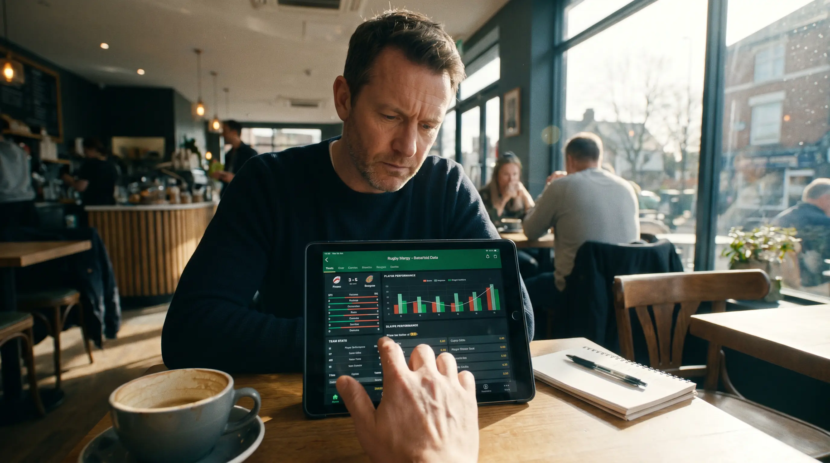 Person reviewing rugby match data on a tablet before placing a considered bet