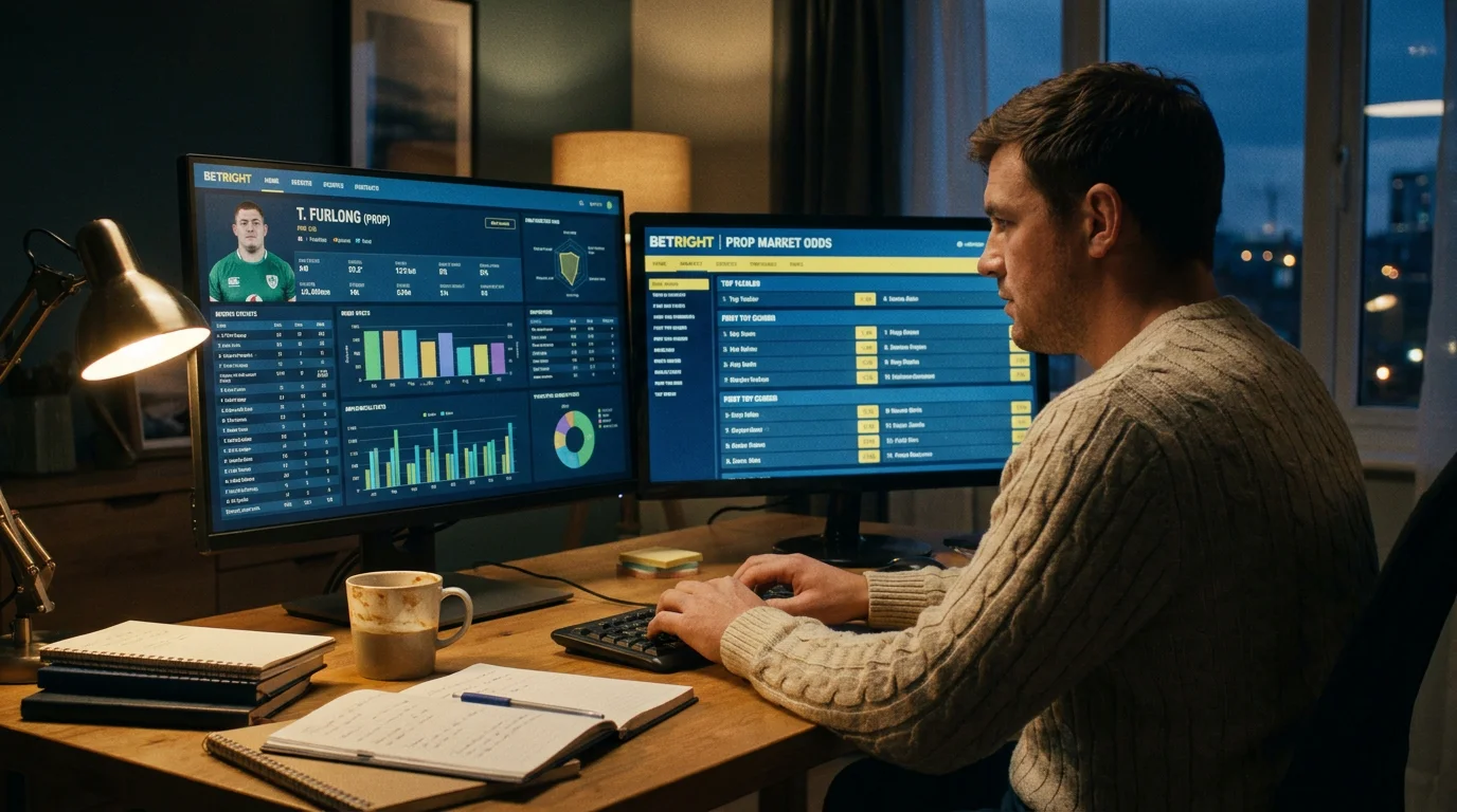 Person analysing rugby prop market data on a dual-monitor computer setup
