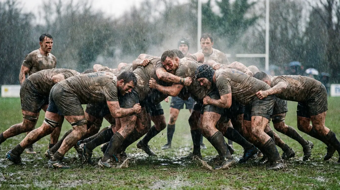 Muddy rugby scrum in heavy rain with players struggling for footing on a wet pitch
