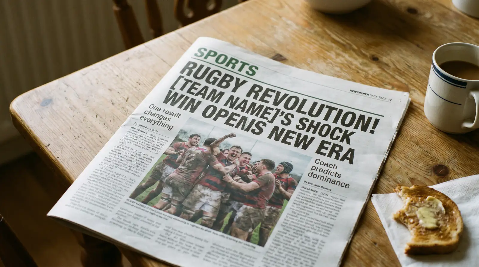 Newspaper back page with a dramatic rugby headline suggesting a team transformation
