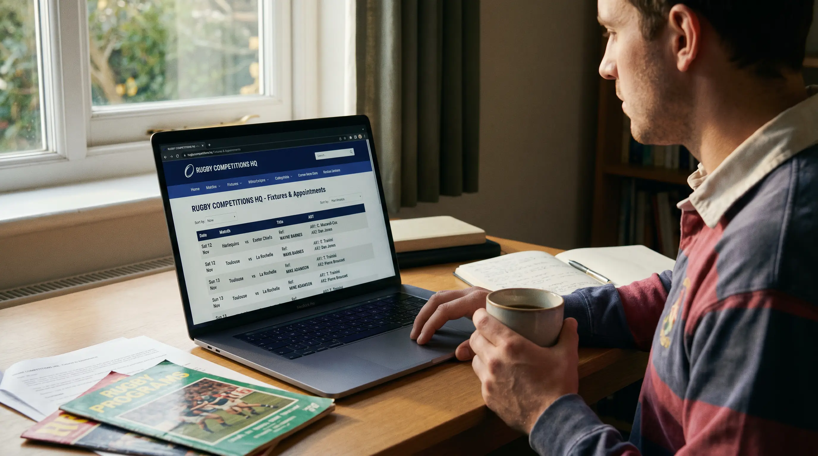 Person checking rugby referee appointments on an official competition website