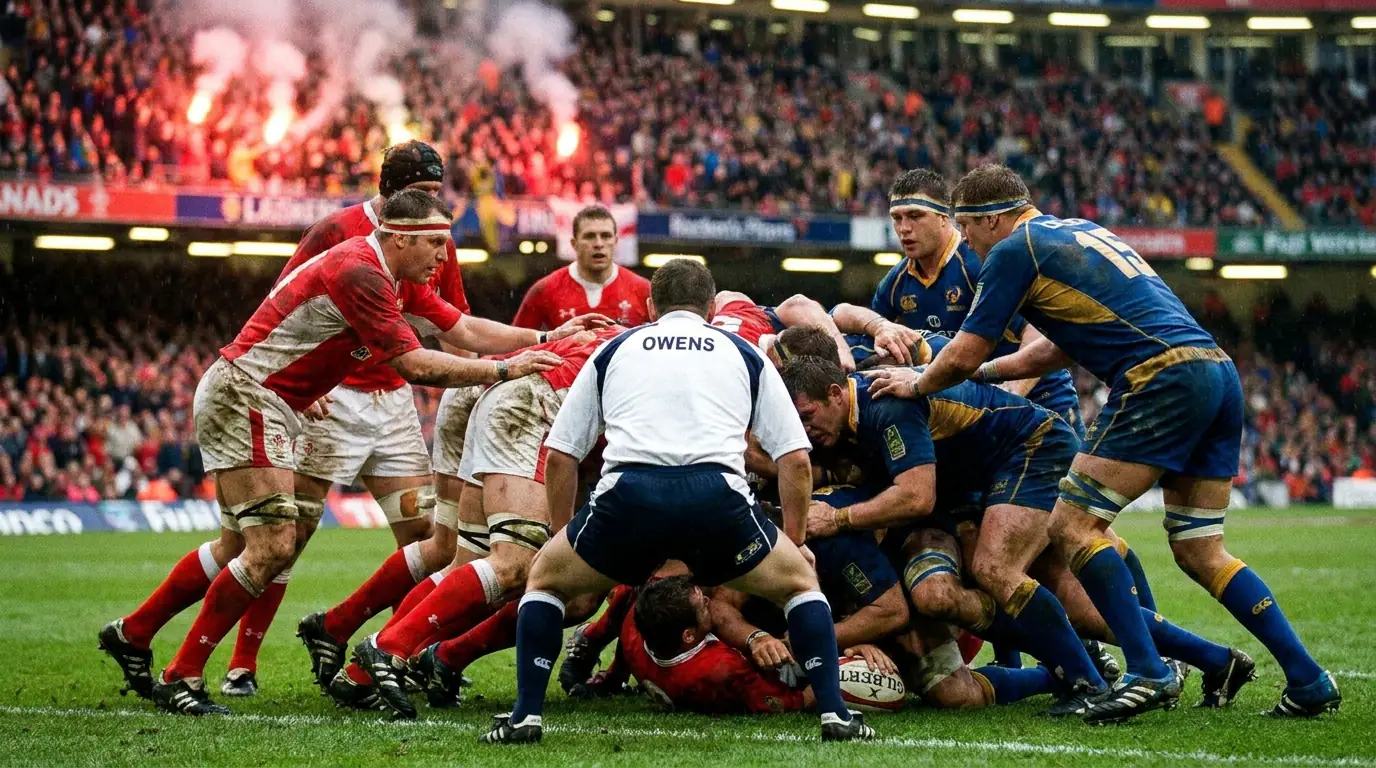 Rugby referee closely observing a ruck situation ready to make a breakdown call