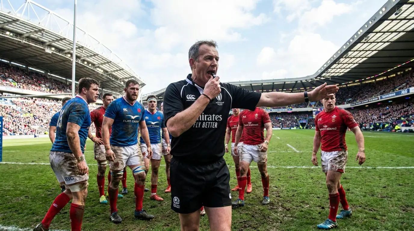 Rugby referee blowing the whistle and signalling a penalty infringement