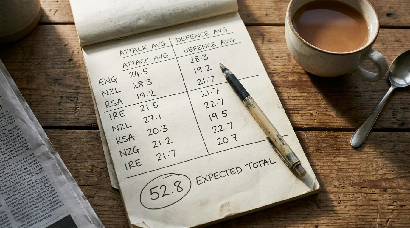 Handwritten rugby scoring calculations on a notepad with team averages listed