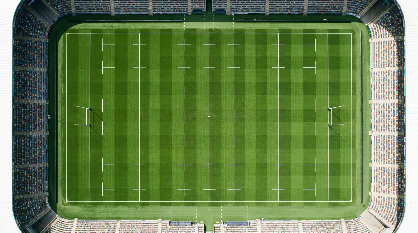 Rugby pitch viewed from above showing the 22-metre zone and try-scoring areas