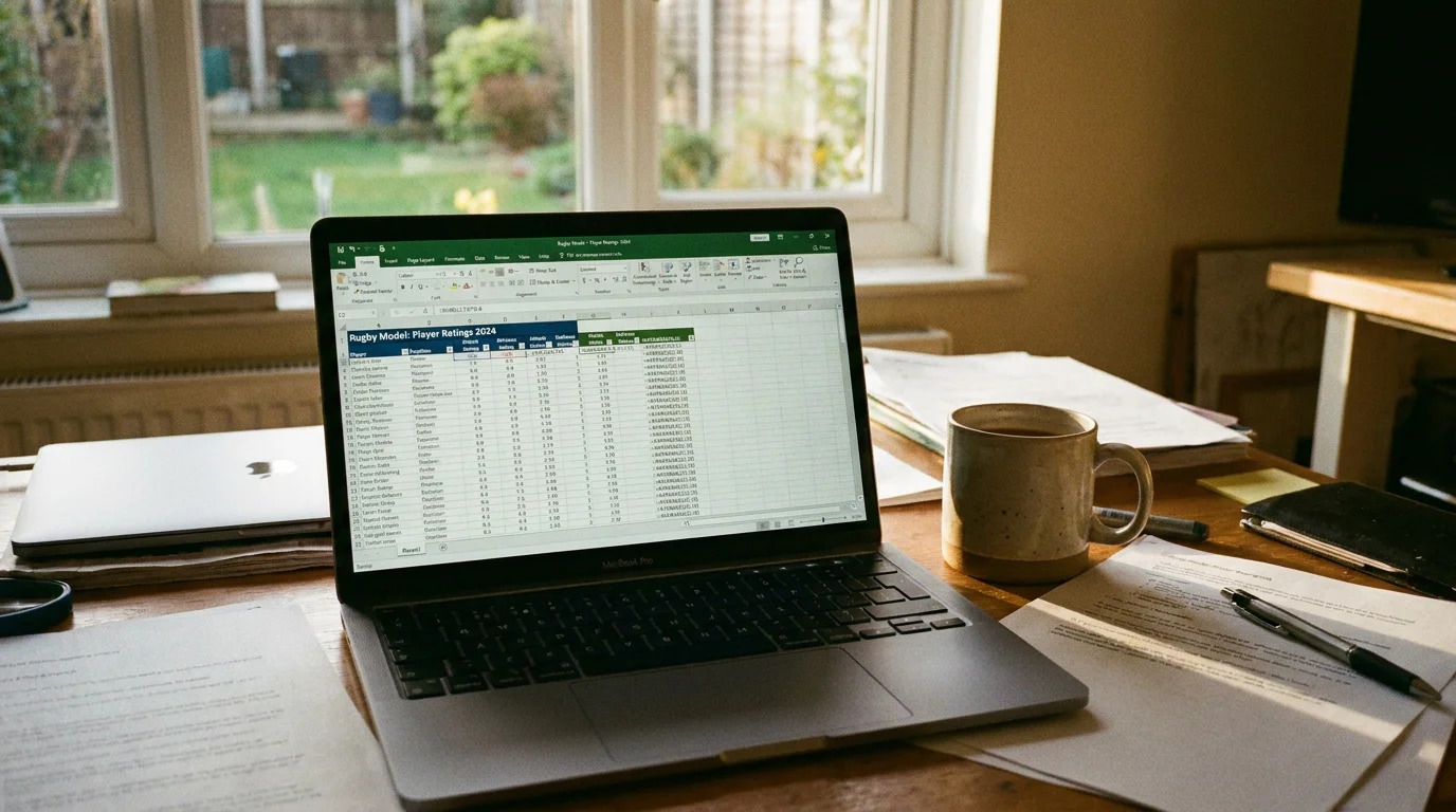 Laptop showing a rugby model spreadsheet with attack ratings and defence ratings calculated