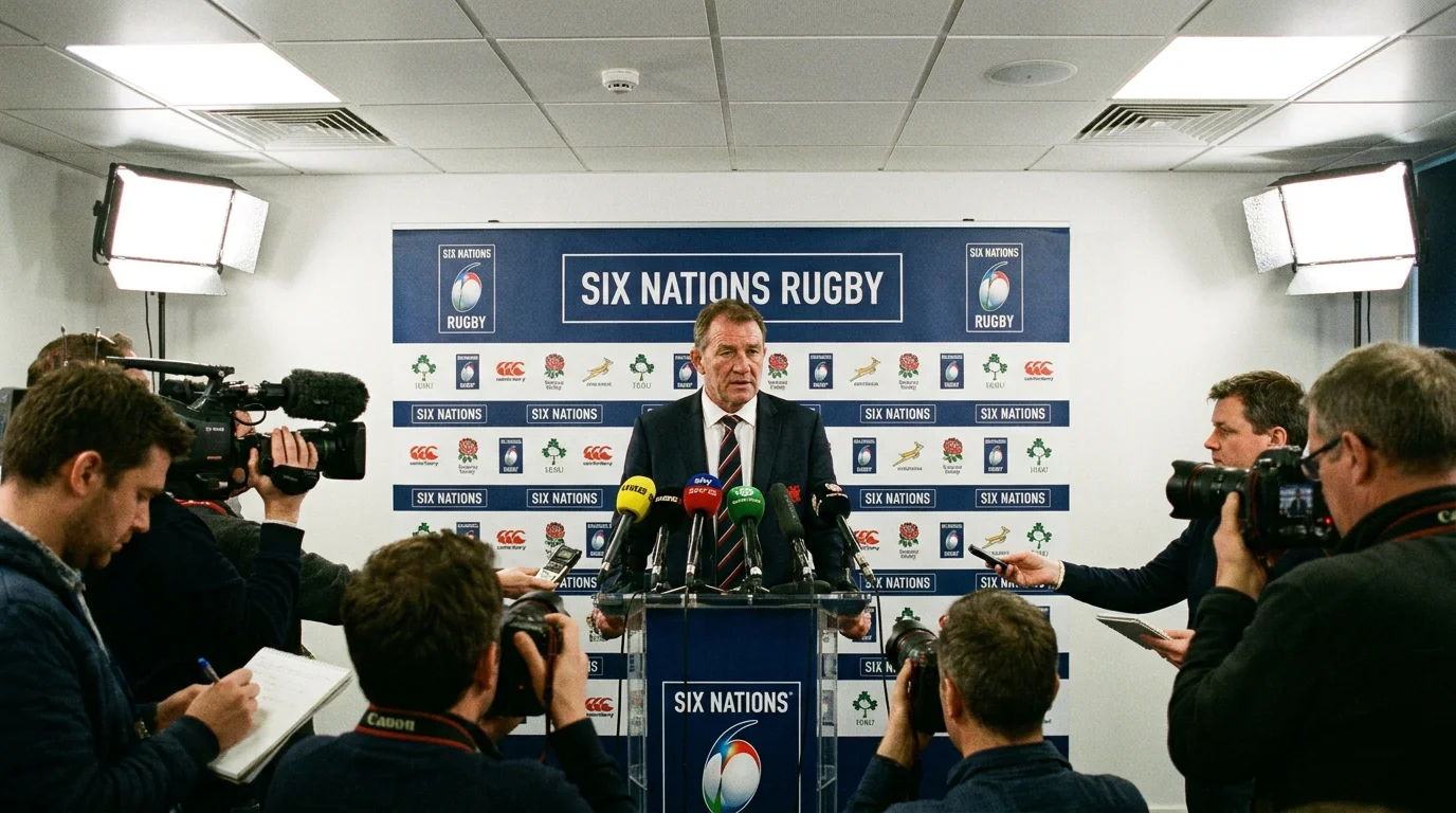 Rugby coach announcing the tournament squad at a press conference podium