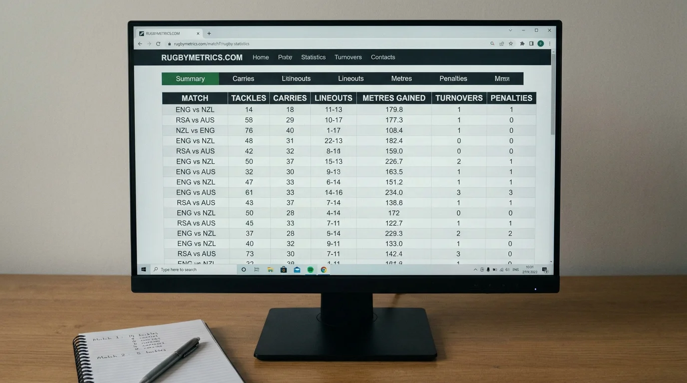 Computer screen showing a rugby statistics website with detailed match data tables