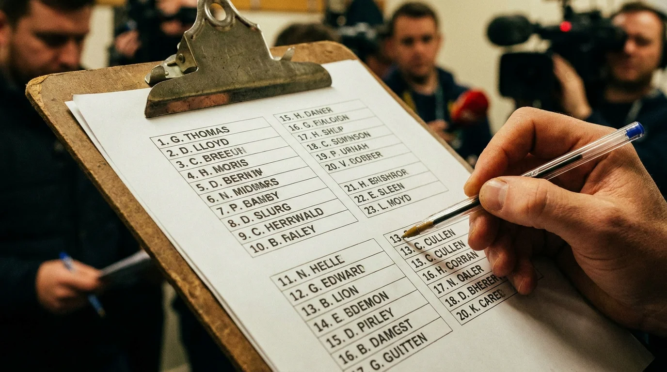 Official rugby team sheet showing starting XV and replacements for a Test match