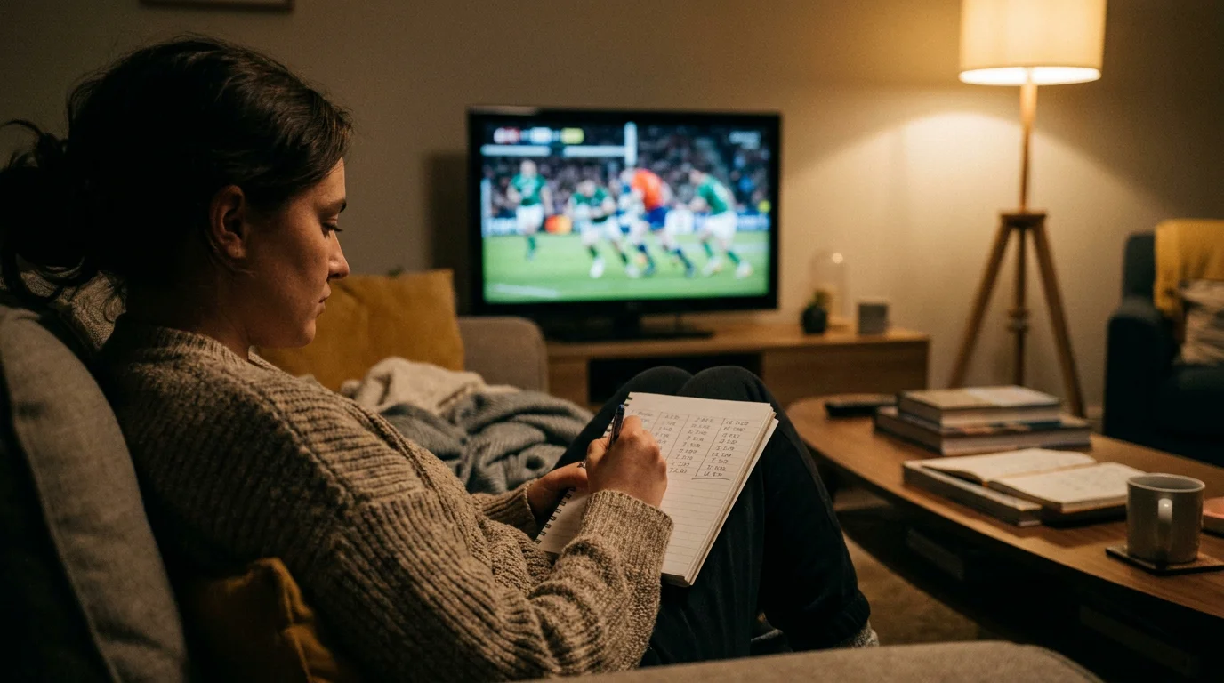 Person studying rugby scoring data in a notebook while watching a match on television