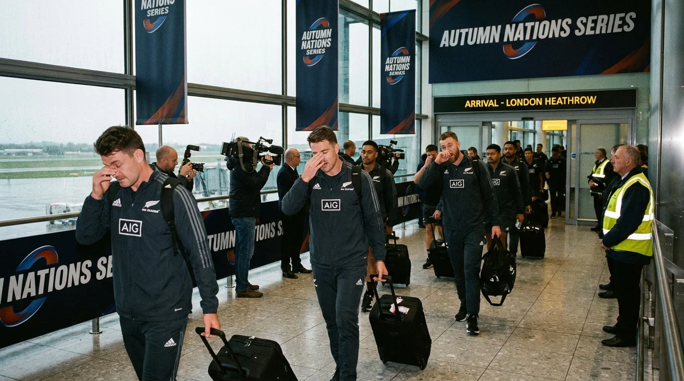 International rugby team arriving at a European airport for an autumn tour