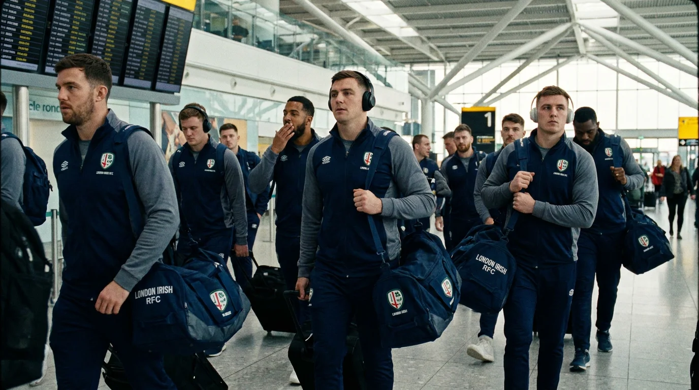 Rugby team travelling through an airport with kit bags for an away fixture