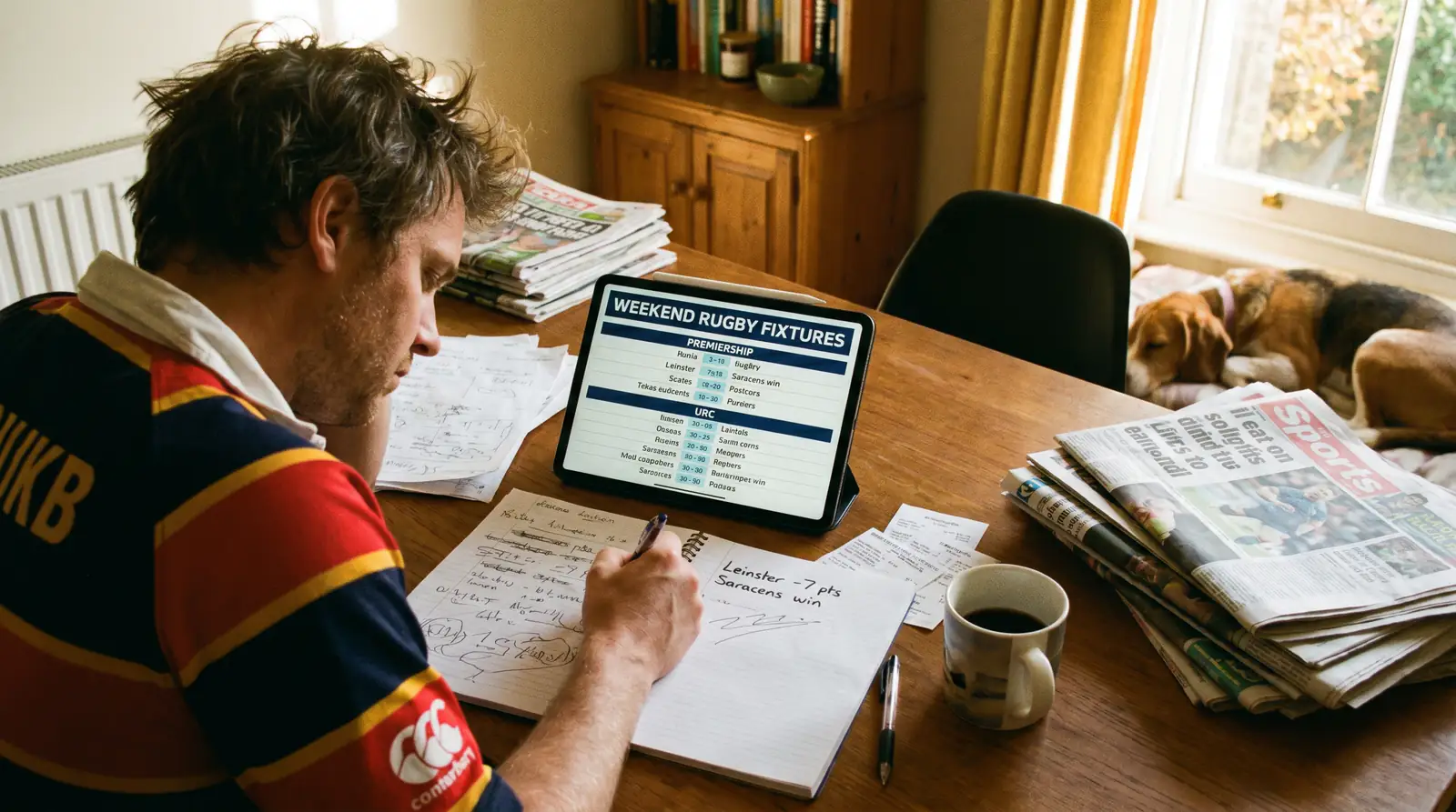 Person reviewing weekend rugby fixtures on a tablet while planning bets at a desk