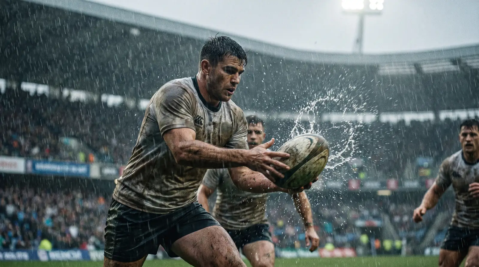 Rugby player fumbling a wet ball during a rainy match with water splashing