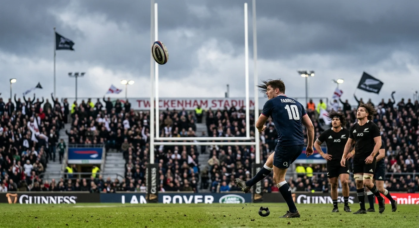 Rugby ball being blown off course by strong wind during a goal kick attempt