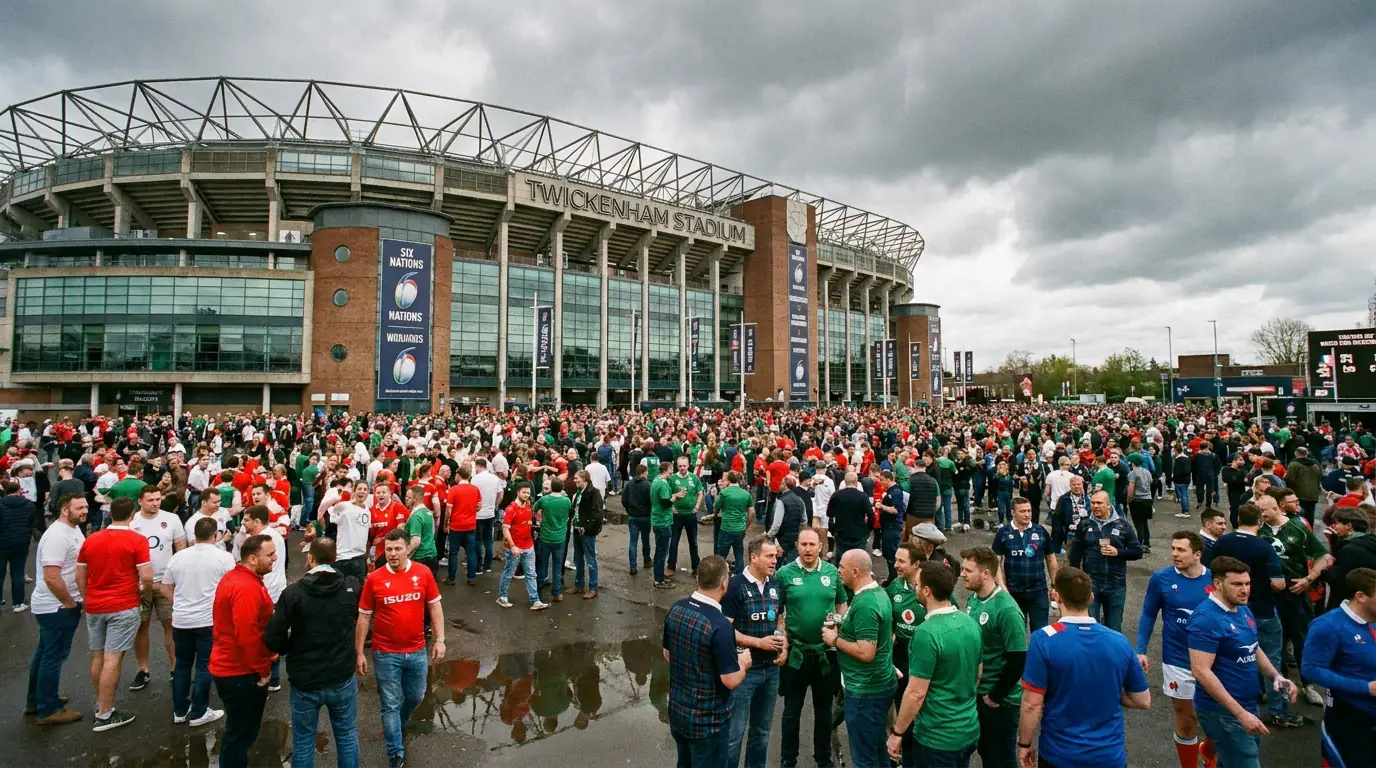 Electric Six Nations match day atmosphere with fans gathered outside a rugby stadium