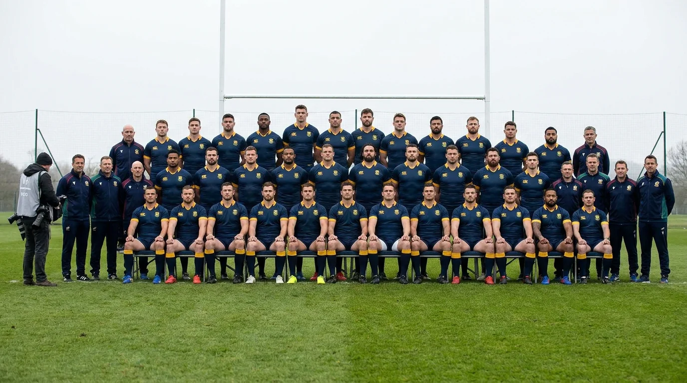 International rugby squad assembled for a pre-tournament team photo