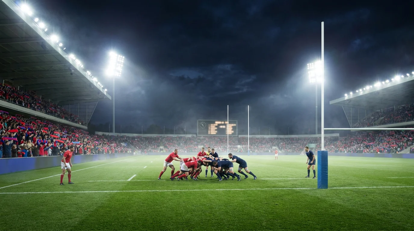 Six Nations rugby match with two teams competing under stadium floodlights