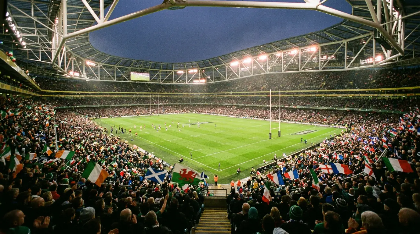 Packed Six Nations rugby stadium with fans waving flags during an international match