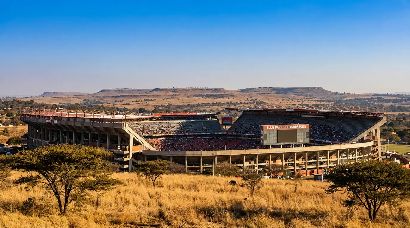 South African rugby stadium at altitude with the Highveld landscape visible beyond